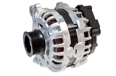 Close-up of a silver car alternator with visible copper wiring and black pulley.