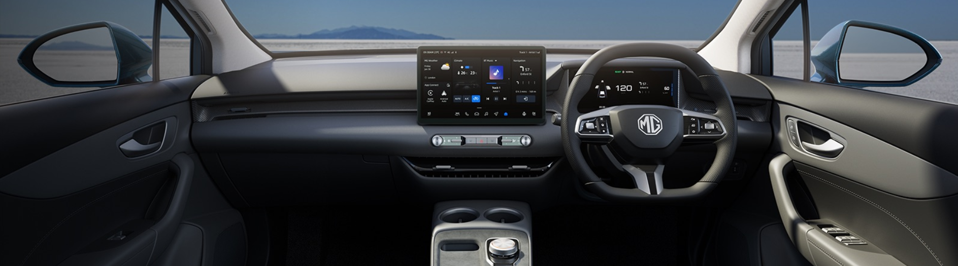 Interior view of MG car dashboard with digital displays and steering wheel.