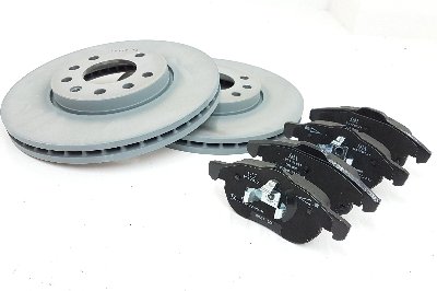 Brake discs and pads arranged in a line.