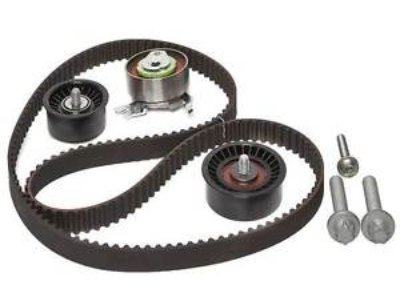 Car timing belt kit with pulleys and bolts.
