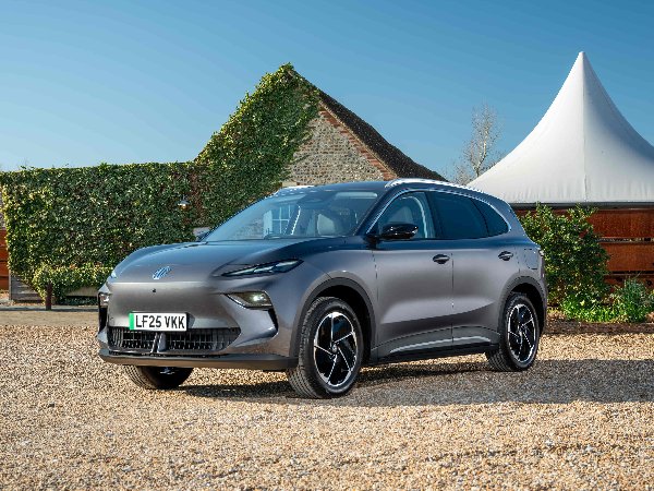 Silver SUV parked on gravel near a green ivy-covered wall.