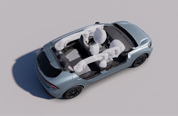 Overhead view of a car with deployed airbags in the seats and dashboard.