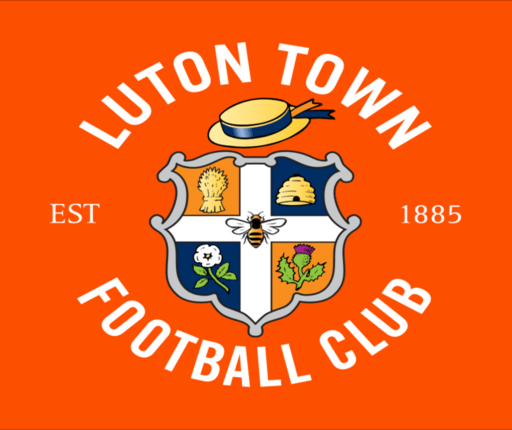 Luton Town Football Club badge featuring a hat, crop, beehive, bee, and flower.