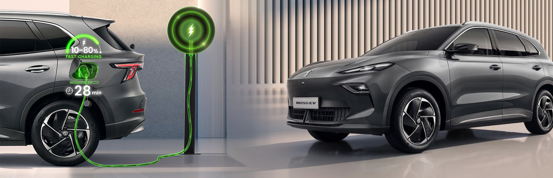 Electric car charging, showing 10-80% fast charging achieved in 28 minutes.
