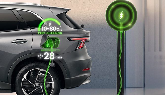 Electric car fast charging, showing 10-80% charge in 28 minutes.