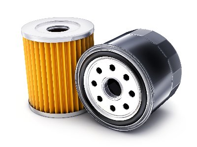 Oil filters, one with yellow pleated paper, the other with a black metal casing.