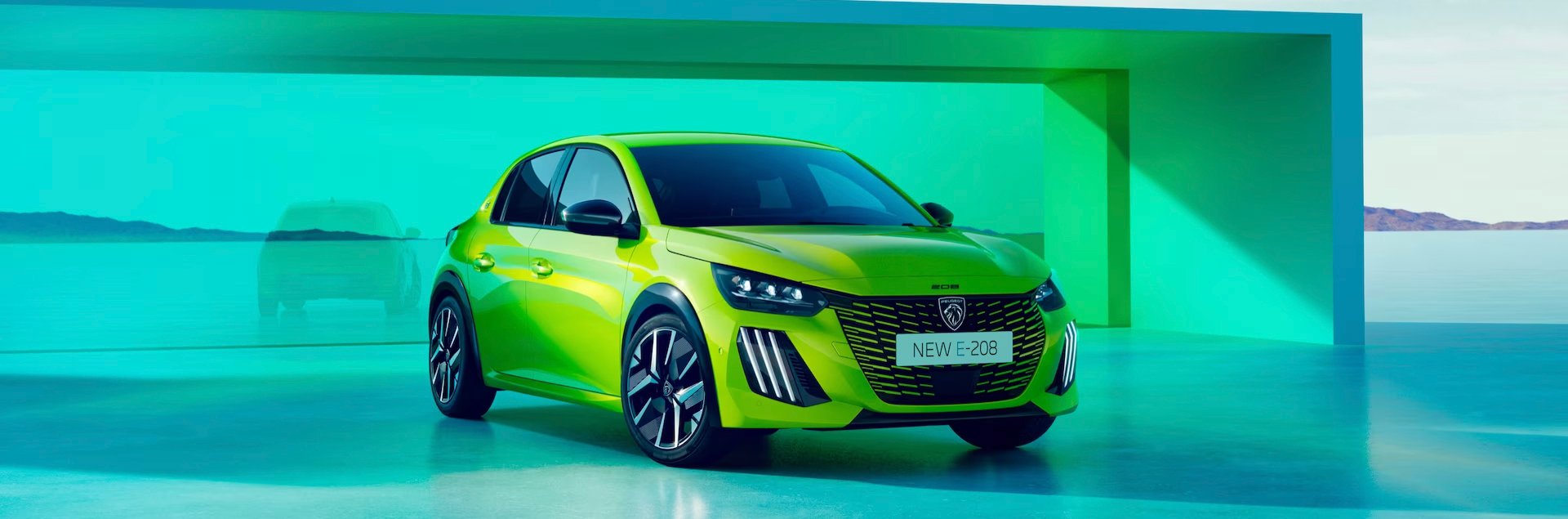 Lime green Peugeot 208 car on display
