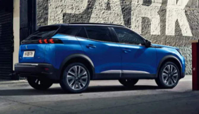 A blue SUV parked on the street.