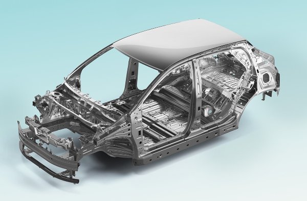 Metal car chassis frame without exterior panels.