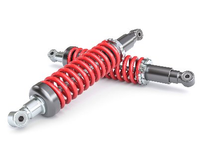 Two metallic shock absorbers with red springs.