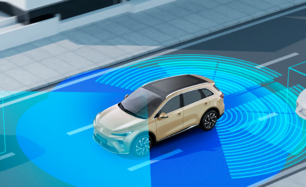 Autonomous car using radar technology to navigate through traffic on a city road.